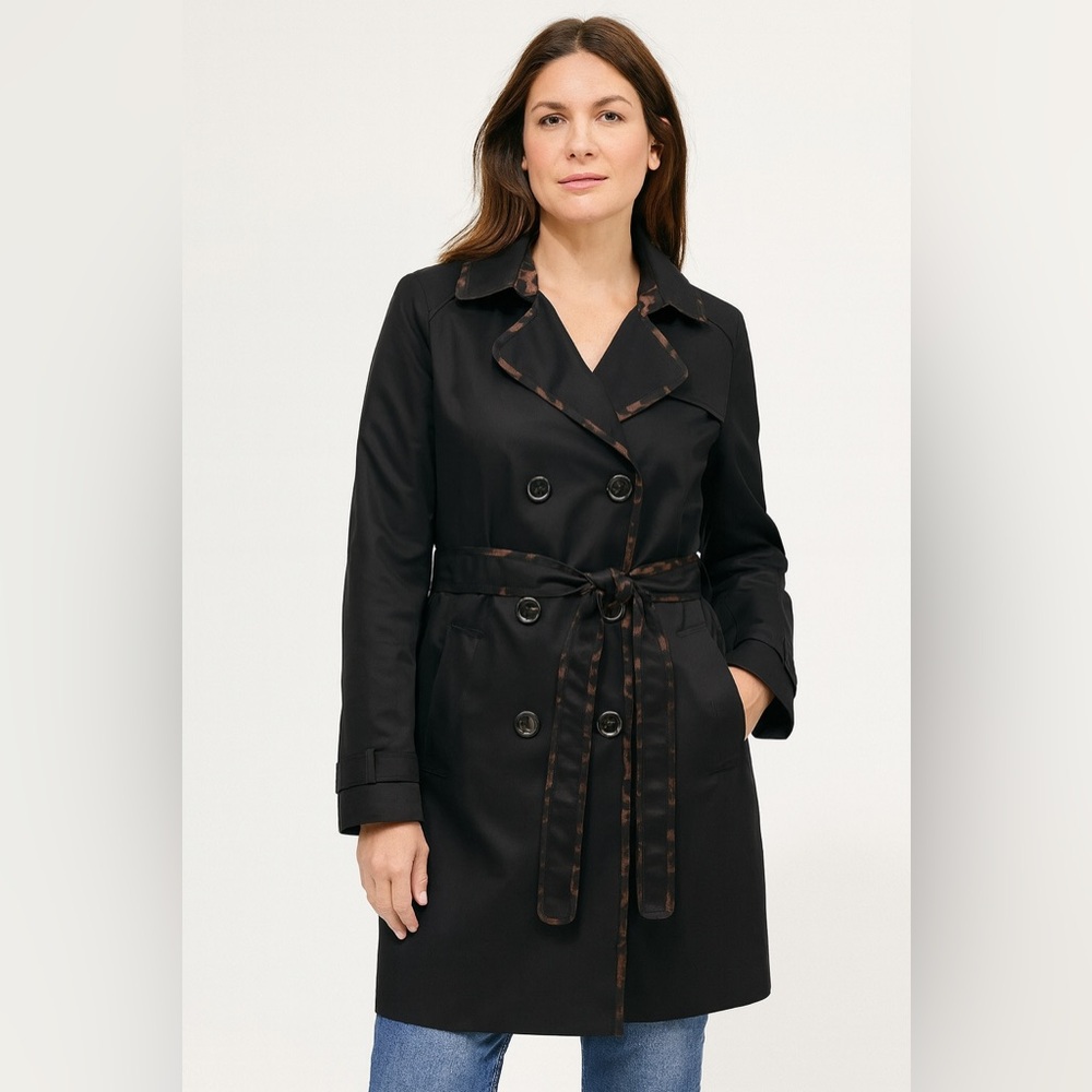 Tahari Black Raincoat Leopard Trim Belted Double Breasted Trench Size S